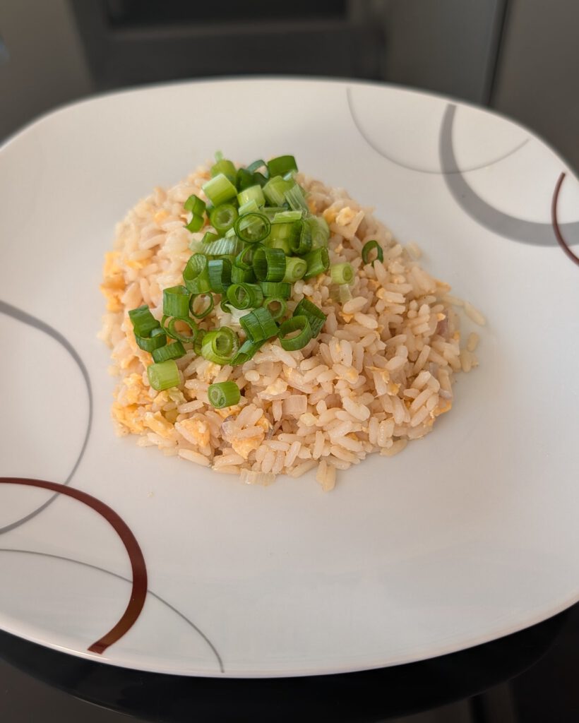 Riz sauté aux œufs brouillés, garni d'oignons nouveaux émincés, dans une assiette blanche à motifs gris et bruns
